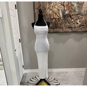 Dress Womens Small White Halter Strappy Back Bodycon Maxi Party Summer